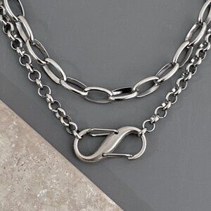 2 layered silver necklaces, NON TARNISH CHAIN steel, plated s-clasp, edgy